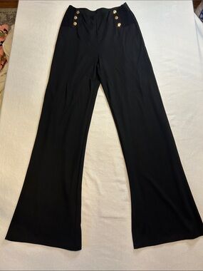 Suzanne Betro Black Wide-Leg Pants with Gold Buttons